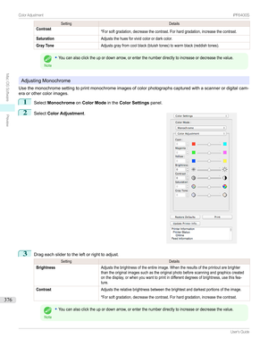 Page 376SettingDetailsContrast*Forsoftgradation,decreasethecontrast.Forhardgradation,increasethecontrast.SaturationAdjuststhehuesforvividcolorordarkcolor.Gray ToneAdjustsgrayfromcoolblack(bluishtones)towarmblack(reddishtones).Note
