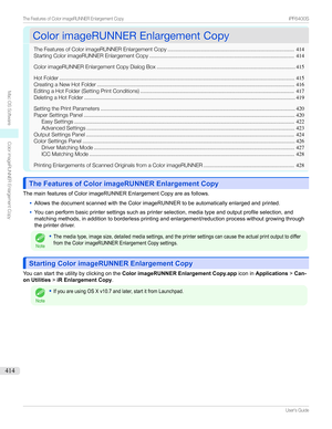 Page 414ColorimageRUNNEREnlargementCopyColorimageRUNNEREnlargementCopy
TheFeaturesofColorimageRUNNEREnlargementCopy ....................................................................................414
StartingColorimageRUNNEREnlargementCopy ................................................................................................ 414
ColorimageRUNNEREnlargementCopyDialogBox ............................................................................................ 415
HotFolder...
