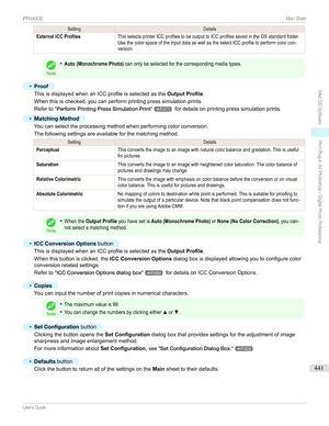 Page 441SettingDetailsExternal ICC ProfilesThisselectsprinterICCprofilestobeoutputtoICCprofilessavedintheOSstandardfolder.UsethecolorspaceoftheinputdataaswellastheselectICCprofiletoperformcolorcon-version.Note
