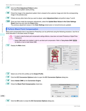 Page 4707
ClickthePrint Adjustment Pattern button.
Theadjustmentpatternstartsprinting.
8
Checktheimageintheadjustmentpatternthatisclosesttothecustomerimageandclickthecorresponding
imageinthepreviewarea.
9
Ifthereareanyotheritemsthatyouwanttoadjust,select Adjustment Itemandperformsteps7and8.
10
Onceyouhavemadethenecessaryadjustments,selectthe Update Base Values in the Color Settings
Sheet checkboxandclickthe Closebutton....