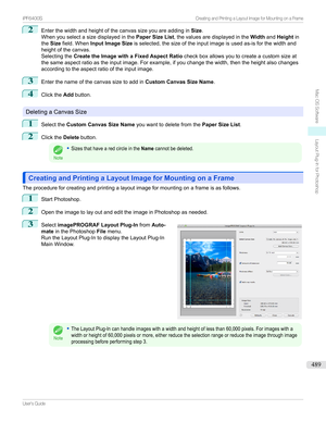 Page 4892
EnterthewidthandheightofthecanvassizeyouareaddinginSize.
Whenyouselectasizedisplayedinthe Paper Size List,thevaluesaredisplayedinthe WidthandHeight in
the Size field.When Input Image Size isselected,thesizeoftheinputimageisusedas-isforthewidthand
heightofthecanvas.
Selectingthe Create the Image with a Fixed Aspect Ratio checkboxallowsyoutocreateacustomsizeat...