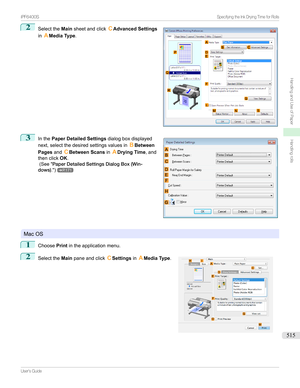 Page 5152
Selectthe Mainsheetandclick CAdvanced Settings
in AMedia Type .3

Inthe Paper Detailed Settings dialogboxdisplayed
next,selectthedesiredsettingsvaluesin BBetween
Pages andCBetween Scans inADrying Time ,and
thenclick OK.
(See" PaperDetailedSettingsDialogBox(Win-
dows) .")
