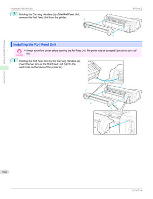 Page 5263
HoldingtheCarryingHandles(a)oftheRollFeedUnit,
removetheRollFeedUnitfromtheprinter.
Installing the Roll Feed UnitInstalling the Roll Feed Unit
Important
