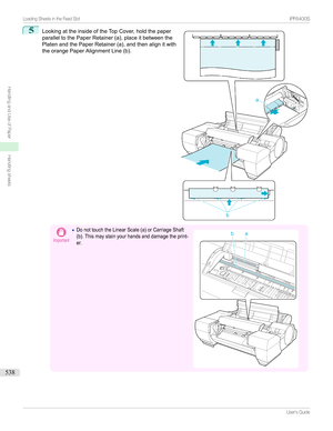 Page 5385
LookingattheinsideoftheTopCover,holdthepaper
paralleltothePaperRetainer(a),placeitbetweenthe
PlatenandthePaperRetainer(a),andthenalignitwith
theorangePaperAlignmentLine(b).Important
