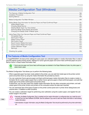 Page 546MediaConfigurationTool(Windows)MediaConfigurationTool(Windows)
TheFeaturesofMediaConfigurationTool .............................................................................................................546
InstallationProcedures ......................................................................................................................................... 547
StartingMethod...