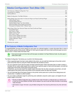 Page 577MediaConfigurationTool(MacOS)MediaConfigurationTool(MacOS)
TheFeaturesofMediaConfigurationTool .............................................................................................................577
ProceduresforInstalling ....................................................................................................................................... 578
StartingMethod...