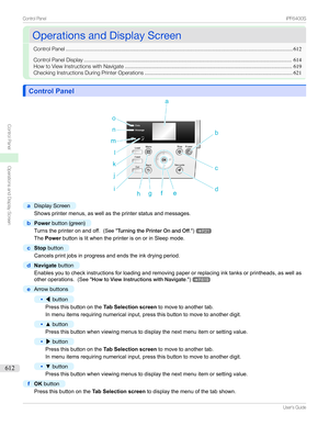 Page 612OperationsandDisplayScreenOperationsandDisplayScreen
ControlPanel ........................................................................................................................................................612
ControlPanelDisplay ........................................................................................................................................... 614
HowtoViewInstructionswithNavigate...