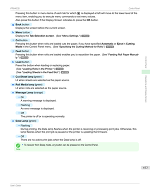 Page 613Pressingthisbuttoninmenuitemsofeachtabforwhichisdisplayedatleftwillmovetothelowerlevelofthe
menuitem,enablingyoutoexecutemenucommandsorsetmenuvalues.
AlsopressthisbuttoniftheDisplayScreenindicatestopressthe OKbutton.g
Back button
Displaysthescreenbeforethecurrentscreen.
h
Menu button
Displaysthe Tab Selection screen .(See" MenuSettings .")