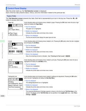 Page 614Control Panel DisplayControl Panel Display
Aftertheprinterstartsup,the Tab Selection screenisdisplayed.
Eachofthefourtabspresentsstatus,menus,anderrorinformationrelatedtotheparticulartab.
Typesoftabs
The Tab Selection screen presentsfourtabs.Eachtabisrepresentedbyaniconinthetoprow.Pressthe /