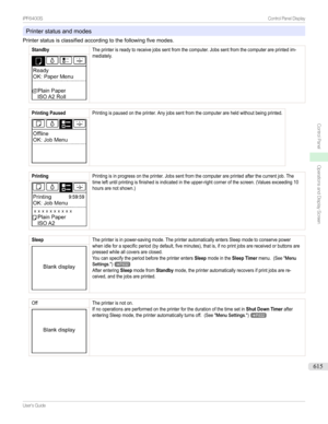 Page 615Printerstatusandmodes
Printerstatusisclassifiedaccordingtothefollowingfivemodes.
StandbyTheprinterisreadytoreceivejobssentfromthecomputer.Jobssentfromthecomputerareprintedim-mediately.Printing...