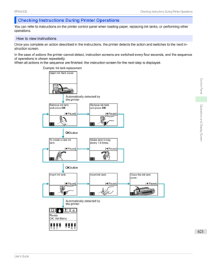 Page 621Checking Instructions During Printer OperationsChecking Instructions During Printer Operations
Youcanrefertoinstructionsontheprintercontrolpanelwhenloadingpaper,replacinginktanks,orperformingother
operations.
Howtoviewinstructions
Onceyoucompleteanactiondescribedintheinstructions,theprinterdetectstheactionandswitchestothenextin- structionscreen.
...
