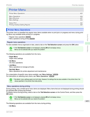 Page 623PrinterMenuPrinterMenu
PrinterMenuOperations .......................................................................................................................................623
MenuOperations .................................................................................................................................................. 624
MenuStructure...