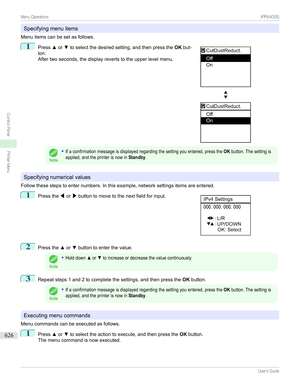 Page 626Specifyingmenuitems
Menuitemscanbesetasfollows.
1

Press xor ztoselectthedesiredsetting,andthenpressthe OKbut-
ton.
Aftertwoseconds,thedisplayrevertstotheupperlevelmenu.
Note
