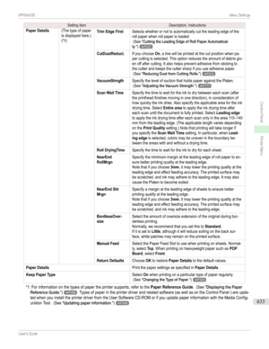 Page 633SettingItemDescription,InstructionsPaper Details(Thetypeofpaperisdisplayedhere.)(*1)Trim Edge FirstSelectswhetherornottoautomaticallycuttheleadingedgeoftherollpaperwhenrollpaperisloaded.(See"CuttingtheLeadingEdgeofRollPaperAutomatical-ly.")