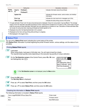 Page 642SettingItemDescription,InstructionsPrinterInfo(*3)Head In-foPrinthead LIndicatesinformationabouttheprinthead.Printhead RSystem InfoIndicatesthefirmwareversion,serialnumber,andinterfaceinformation.Error LogIndicatesthemostrecenterrormessages(uptofive).Other...