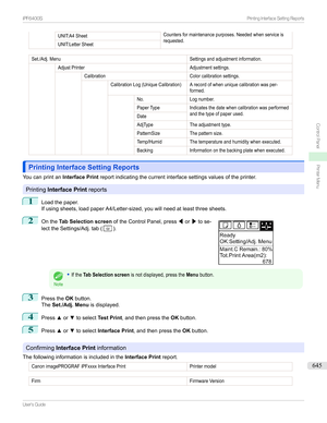 Page 645UNIT:A4SheetCountersformaintenancepurposes.Neededwhenserviceisrequested.UNIT:LetterSheetSet./Adj.MenuSettingsandadjustmentinformation.AdjustPrinterAdjustmentsettings.CalibrationColorcalibrationsettings.CalibrationLog(UniqueCalibration)Arecordofwhenuniquecalibrationwasper-formed.No.Lognumber.PaperTypeIndicatesthedatewhencalibrationwasperformedandthetypeofpaperused.DateAdjTypeTheadjustmenttype.PatternSizeThepatternsize.Temp/HumidThetemperatureandhumidity...