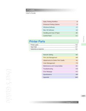 Page 649iPF6400S User'sGuideBasicPrintingWorkflow 19
EnhancedPrintingOptions 35
WindowsSoftware157
MacOSSoftware 343
HandlingandUseofPaper491
ControlPanel611

PrinterParts

Printerparts ............................................................................................. 650
HardDisk ................................................................................................. 657
Optionalaccessories ..................................................................................