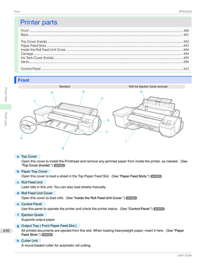 Page 650PrinterpartsPrinterparts
Front ....................................................................................................................................................................650
Back .................................................................................................................................................................... 651
TopCover(Inside)...