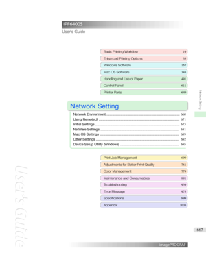 Page 667iPF6400S User'sGuideBasicPrintingWorkflow 19
EnhancedPrintingOptions 35
WindowsSoftware157
MacOSSoftware 343
HandlingandUseofPaper491
ControlPanel611
PrinterParts 649

NetworkSetting

NetworkEnvironment .............................................................................. 668
UsingRemoteUI ...................................................................................... 671
InitialSettings...