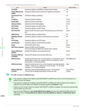 Page 678ItemDetailsDefaultSettingUse RARPActivatethissettingtouseRARPforconfiguringtheIPaddress.OffEnable DNS DynamicUpdateActivatethissettingtoperformDNSserverregistrationautomatically.OffUse Zeroconf Func-tionActivatethissettingtouseBonjour.OnIP AddressSpecifytheprinter'sIPaddress.0.0.0.0Subnet MaskSpecifytheprinter'ssubnetmask.0.0.0.0Gateway AddressSpecifytheprinter'sdefaultgateway.0.0.0.0LPD PrintingActivatethissettingtouseLDPPrinting.OnIPP...