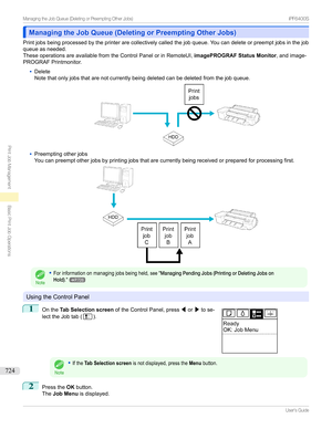 Page 724Managing the Job Queue (Deleting or Preempting Other Jobs)Managing the Job Queue (Deleting or Preempting Other Jobs)
Printjobsbeingprocessedbytheprinterarecollectivelycalledthejobqueue.Youcandeleteorpreemptjobsinthejob
queueasneeded.
TheseoperationsareavailablefromtheControlPanelorinRemoteUI, imagePROGRAF Status Monitor,andimage-
PROGRAFPrintmonitor.
