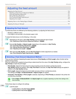 Page 770AdjustingthefeedamountAdjustingthefeedamount
AdjustingtheFeedAmount ..................................................................................................................................770
SelectingaFeedAmountAdjustmentMethod ................................................................................................. 770
AutomaticBandingAdjustment ....................................................................................................................... 771...