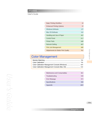 Page 779iPF6400S User'sGuideBasicPrintingWorkflow 19
EnhancedPrintingOptions 35
WindowsSoftware157
MacOSSoftware 343
HandlingandUseofPaper491
ControlPanel611
PrinterParts 649
NetworkSetting667
PrintJobManagement699
AdjustmentsforBetterPrintQuality 761

ColorManagement

MonitorMatching .................................................................................... 780
ColorCalibration ..................................................................................... 786...