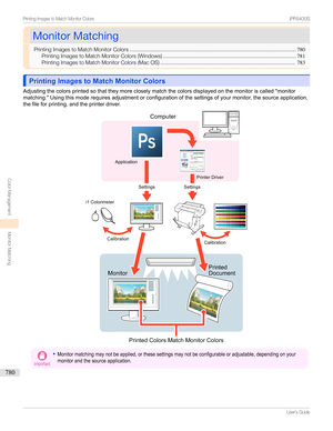 Page 780MonitorMatchingMonitorMatching
PrintingImagestoMatchMonitorColors ..............................................................................................................780
PrintingImagestoMatchMonitorColors(Windows) ........................................................................................ 781
PrintingImagestoMatchMonitorColors(MacOS) ......................................................................................... 783
Printing Images to Match Monitor...