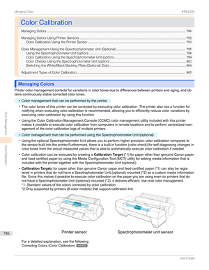 Page 786ColorCalibrationColorCalibration
ManagingColors ..................................................................................................................................................786
ManagingColorsUsingPrinterSensors ................................................................................................................ 792
ColorCalibrationUsingthePrinterSensor ....................................................................................................... 793...