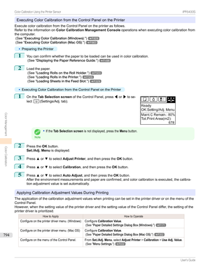 Page 794ExecutingColorCalibrationfromtheControlPanelonthePrinter
ExecutecolorcalibrationfromtheControlPanelontheprinterasfollows.
Refertotheinformationon Color Calibration Management Console operationswhenexecutingcolorcalibrationfrom
thecomputer. (See" ExecutingColorCalibration(Windows) .")
