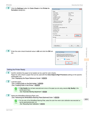 Page 8392
Clickthe Settingsbuttonfor Color Check inthePrinter In-
formation dialogbox.3

Enterthecolorcheckthresholdvaluein 