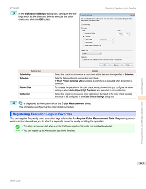 Page 8433
Inthe Schedule Settings dialogbox,configuretheset-
tingssuchasthedateandtimetoexecutethecolor checkandclickthe OKbutton.SettingItemDetailsSchedulingSelectthischeckboxtoexecuteacolorcheckatthedateandtimespecifiedinSchedule.ScheduleSetsthedateandtimetoexecutethecolorcheck.IfWhen Printer Switched ONisselected,acolorcheckisexecutedwhentheprinteristurnedon.Pattern...