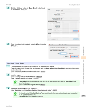 Page 8732
Clickthe Settingsbuttonfor Color Check inthePrint-
er Information dialogbox.3

Enterthecolorcheckthresholdvaluein 