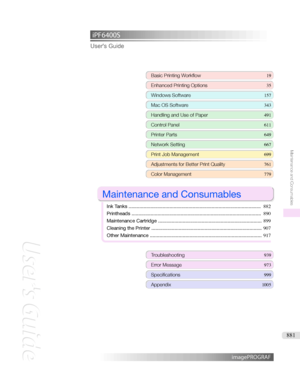 Page 881iPF6400S User'sGuideBasicPrintingWorkflow 19
EnhancedPrintingOptions 35
WindowsSoftware157
MacOSSoftware 343
HandlingandUseofPaper491
ControlPanel611
PrinterParts 649
NetworkSetting667
PrintJobManagement699
AdjustmentsforBetterPrintQuality 761
ColorManagement779

MaintenanceandConsumables

InkTanks ................................................................................................. 882
Printheads...