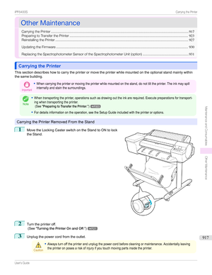 Page 917OtherMaintenanceOtherMaintenance
CarryingthePrinter ...............................................................................................................................................917
PreparingtoTransferthePrinter ........................................................................................................................... 923
ReinstallingthePrinter...