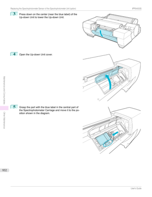 Page 9323
Pressdownonthecenter(nearthebluelabel)ofthe
Up-downUnittolowertheUp-downUnit.4

OpentheUp-downUnitcover.
5

Graspthepartwiththebluelabelinthecentralpartof
theSpectrophotometerCarriageandmoveittothepo-
sitionshowninthediagram.

...