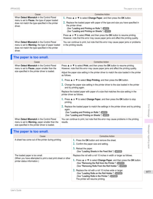 Page 977CauseCorrectiveActionWhenDetect MismatchintheControlPanelmenuissettoPause,thetypeofpaperloadeddoesnotmatchthetypespecifiedintheprinterdriver.
1
PressxorztoselectChange Paper,andthenpresstheOKbutton.
2
Replacetheloadedpaperwithpaperofthetypeandsizeyouhavespecifiedintheprinterdriver.(See"LoadingandPrintingonRolls.")