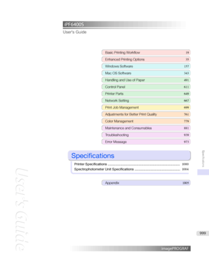 Page 999iPF6400S User'sGuideBasicPrintingWorkflow 19
EnhancedPrintingOptions 35
WindowsSoftware157
MacOSSoftware 343
HandlingandUseofPaper491
ControlPanel611
PrinterParts 649
NetworkSetting667
PrintJobManagement699
AdjustmentsforBetterPrintQuality 761
ColorManagement779
MaintenanceandConsumables 881
Troubleshooting939
ErrorMessage973

Specifications

PrinterSpecifications ............................................................................ 1000...