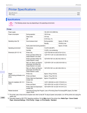 Page 1000PrinterSpecificationsPrinterSpecifications
Specifications .....................................................................................................................................................1000
PrintArea ........................................................................................................................................................... 1002
SpecificationsSpecifications
Important
