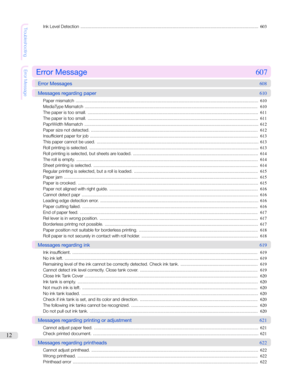 Page 12TroubleshootingInkLevelDetection .................................................................................................................................................603ErrorMessage
ErrorMessage 607
ErrorMessages 608
Messagesregardingpaper610
Papermismatch ..................................................................................................................................................... 610
MediaTypeMismatch...