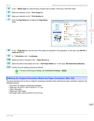Page 1474
IntheAMedia Type list,selectthetypeofpaperthatisloaded.Inthiscase,clickPlainPaper.
5
Makeyourselectioninthe EPrint Target list.
6
Makeyourselectioninthe FPrint Quality list.
7

Clickthe Page Setup tabtodisplaythe Page Setup
sheet.
8
Inthe APage Size list,clickthesizeoftheoriginalasspecifiedintheapplication.Inthiscase,click ISO A4or
Letter (8.5"x11") .
9
InHOrientation ,clickJLandscape .
10
Selectandclickarollpaperinthe LPaper...