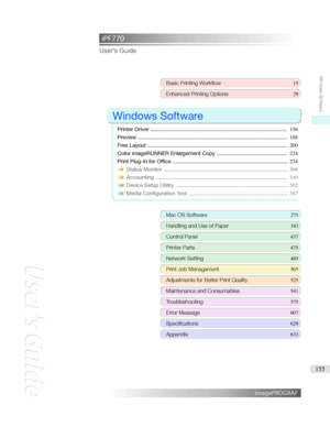 Page 155iPF770 User'sGuideBasicPrintingWorkflow 15
EnhancedPrintingOptions 29

WindowsSoftware

PrinterDriver ........................................................................................... 156
Preview .................................................................................................... 188
FreeLayout ............................................................................................. 200
ColorimageRUNNEREnlargementCopy...