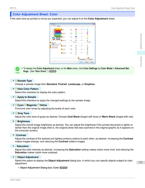Page 171Color Adjustment Sheet: ColorColor Adjustment Sheet: Color
Ifthecolortoneasprintedisnotasyouexpected,youcanadjustitonthe Color Adjustmentsheet.

Note
