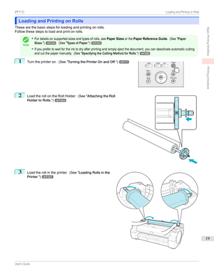 Page 19Loading and Printing on RollsLoading and Printing on Rolls
Thesearethebasicstepsforloadingandprintingonrolls.
Followthesestepstoloadandprintonrolls.
Note
