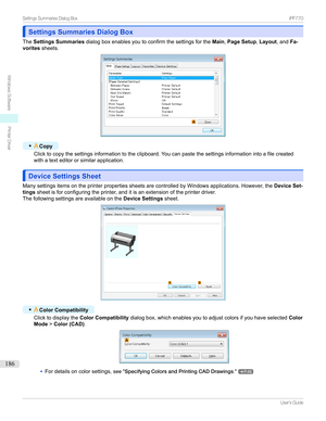 Page 186Settings Summaries Dialog BoxSettings Summaries Dialog Box
The Settings Summaries dialogboxenablesyoutoconfirmthesettingsforthe Main,Page Setup ,Layout ,andFa-
vorites sheets.
