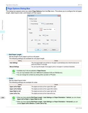 Page 206Page Options Dialog BoxPage Options Dialog Box
Thisdialogboxappearswhenyouselect Page OptionsfromtheFilemenu.Thisallowsyoutoconfiguretherollpaper
length,objectlayoutorder,andmarginsofFreeLayout.
