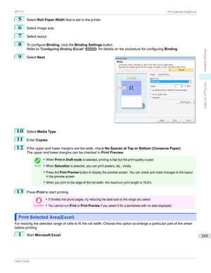 Page 2695
SelectRoll Paper Width thatissetintheprinter.
6
Selectimagesize.
7
Selectlayout.
8
ToconfigureBinding,clickthe Binding Settings button.
Referto ConfiguringBinding(Excel) 
