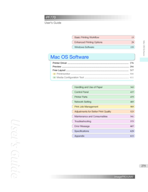 Page 275iPF770 User'sGuideBasicPrintingWorkflow 15
EnhancedPrintingOptions 29
WindowsSoftware155

MacOSSoftware

PrinterDriver ........................................................................................... 276
Preview .................................................................................................... 294
FreeLayout ............................................................................................. 317
