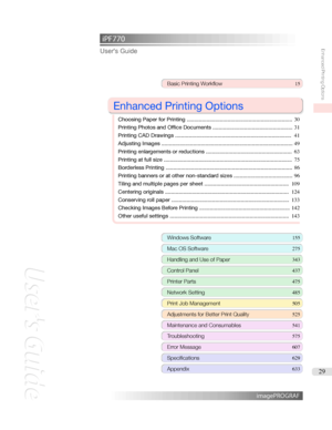 Page 29iPF770 User'sGuideBasicPrintingWorkflow 15

EnhancedPrintingOptions

ChoosingPaperforPrinting ...................................................................... 30
PrintingPhotosandOfficeDocuments ..................................................... 31
PrintingCADDrawings ............................................................................. 41
AdjustingImages ....................................................................................... 49...