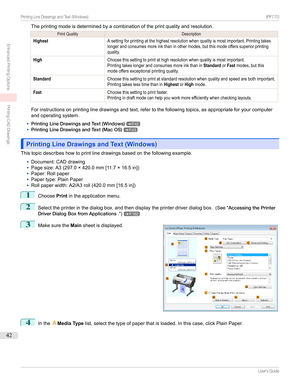 Page 42Theprintingmodeisdeterminedbyacombinationoftheprintqualityandresolution.PrintQualityDescriptionHighestAsettingforprintingatthehighestresolutionwhenqualityismostimportant.Printingtakeslongerandconsumesmoreinkthaninothermodes,butthismodeofferssuperiorprintingquality.HighChoosethissettingtoprintathighresolutionwhenqualityismostimportant.PrintingtakeslongerandconsumesmoreinkthaninStandardorFastmodes,butthismodeoffersexceptionalprintingqu...